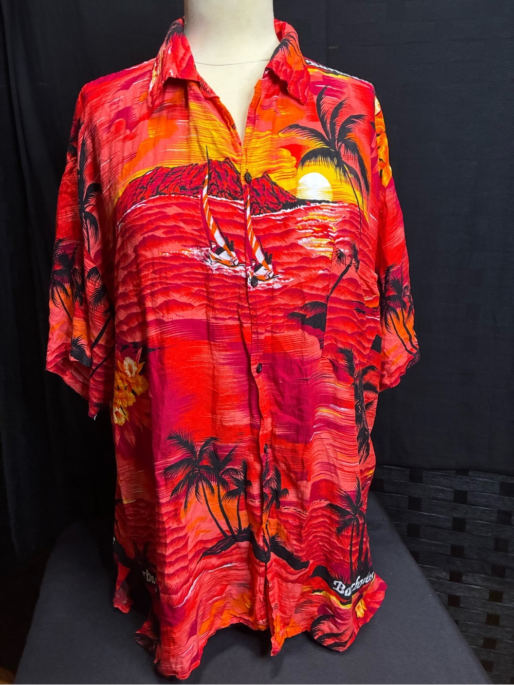 Red Tropical Button-Down Shirt with Sunset Palm Print